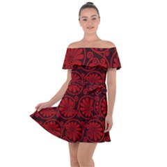 Red Floral Pattern Floral Greek Ornaments Off Shoulder Velour Dress