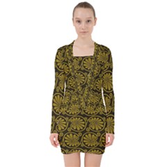 Yellow Floral Pattern Floral Greek Ornaments V-neck Bodycon Long Sleeve Dress