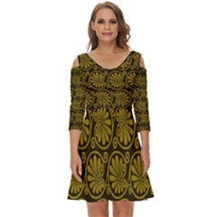 Yellow Floral Pattern Floral Greek Ornaments Shoulder Cut Out Zip Up Dress