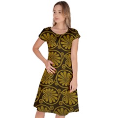 Yellow Floral Pattern Floral Greek Ornaments Classic Short Sleeve Dress