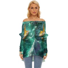 Dolphin Swimming Sea Ocean Off Shoulder Chiffon Pocket Shirt