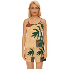 Arch Stairs Sun Branches Leaves Boho Bohemian Botanical Minimalist Nature Satin Pajama Short Set