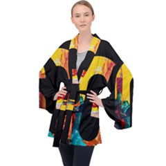 Abstract, Dark Background, Black, Typography,g Long Sleeve Velvet Kimono 