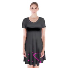 Butterflies, Abstract Design, Pink Black Short Sleeve V-neck Flare Dress