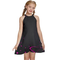 Butterflies, Abstract Design, Pink Black Kids  Halter Collar Waist Tie Chiffon Dress