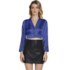 Texture Multicolour Ink Dip Flare Long Sleeve Tie Back Satin Wrap Top