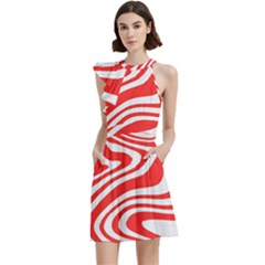 Red White Background Swirl Playful Cocktail Party Halter Sleeveless Dress With Pockets