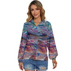 Abstarct Cobalt Waves Women s Long Sleeve Button Up Shirt