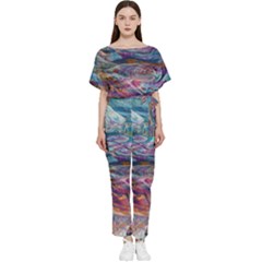 Abstarct Cobalt Waves Batwing Lightweight Chiffon Jumpsuit