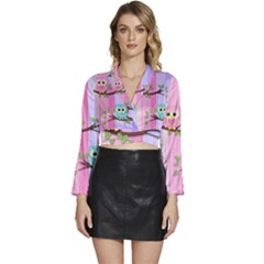 Owls Family Stripe Tree Long Sleeve Tie Back Satin Wrap Top