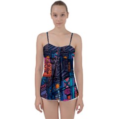 Wallet City Art Graffiti Babydoll Tankini Top