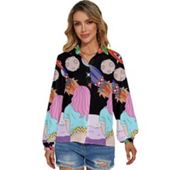 Girl Bed Space Planets Spaceship Rocket Astronaut Galaxy Universe Cosmos Woman Dream Imagination Bed Women s Long Sleeve Button Up Shirt