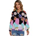 Girl Bed Space Planets Spaceship Rocket Astronaut Galaxy Universe Cosmos Woman Dream Imagination Bed Women s Long Sleeve Button Up Shirt View1