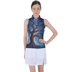 Tree Branches Mystical Moon Expressionist Oil Painting Acrylic Painting Abstract Nature Moonlight Ni Women s Sleeveless Polo T-shirt