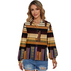 Book Nook Books Bookshelves Comfortable Cozy Literature Library Study Reading Room Fiction Entertain Women s Long Sleeve Button Up Shirt