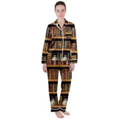 Room Interior Library Books Bookshelves Reading Literature Study Fiction Old Manor Book Nook Reading Women s Long Sleeve Satin Pajamas Set	