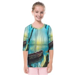 Swamp Bayou Rowboat Sunset Landscape Lake Water Moss Trees Logs Nature Scene Boat Twilight Quiet Kids  Quarter Sleeve Raglan T-shirt