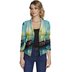 Swamp Bayou Rowboat Sunset Landscape Lake Water Moss Trees Logs Nature Scene Boat Twilight Quiet Women s Casual 3/4 Sleeve Spring Jacket