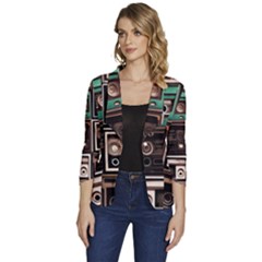Retro Electronics Old Antiques Texture Wallpaper Vintage Cassette Tapes Retrospective Women s One-button 3/4 Sleeve Short Jacket