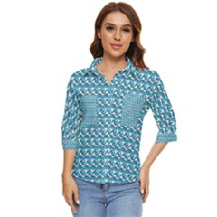 Blue Wave Sea Ocean Pattern Background Beach Nature Water Women s Quarter Sleeve Pocket Shirt