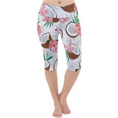 Seamless Pattern Coconut Piece Palm Leaves With Pink Hibiscus Lightweight Velour Cropped Yoga Leggings