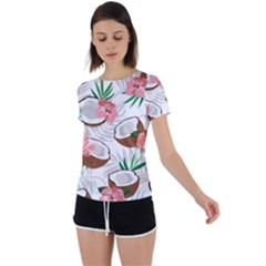 Seamless Pattern Coconut Piece Palm Leaves With Pink Hibiscus Back Circle Cutout Sports T-shirt