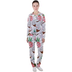 Seamless Pattern Coconut Piece Palm Leaves With Pink Hibiscus Casual Jacket And Pants Set