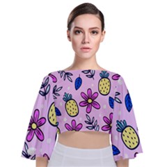 Flowers Petals Pineapples Fruit Tie Back Butterfly Sleeve Chiffon Top by Maspions