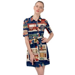 Cars Snow City Landscape Vintage Old Time Retro Pattern Belted Shirt Dress by Maspions