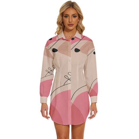 Pink Pattern Line Art Texture Minimalist Design Womens Long Sleeve Shirt Dress by Maspions