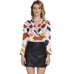 Boho Bohemian Style Design Minimalist Aesthetic Pattern Art Shapes Lines Long Sleeve Tie Back Satin Wrap Top