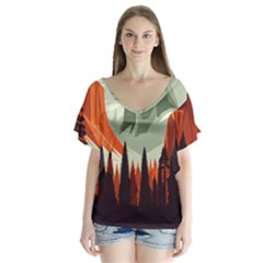 Mountain Travel Canyon Nature Tree Wood V-neck Flutter Sleeve Top by Maspions