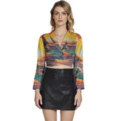 Pretty Art Nice Long Sleeve Tie Back Satin Wrap Top