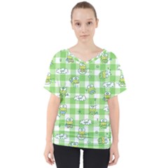 Frog Cartoon Pattern Cloud Animal Cute Seamless V-neck Dolman Drape Top