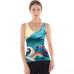 Waves Ocean Sea Abstract Whimsical Abstract Art Pattern Abstract Pattern Water Nature Moon Full Moon Women s Basic Tank Top