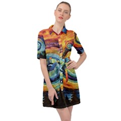 Cosmic Rainbow Quilt Artistic Swirl Spiral Forest Silhouette Fantasy Belted Shirt Dress by Maspions