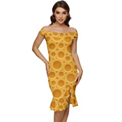Cheese Texture Food Textures Off Shoulder Ruffle Split Hem Bodycon Dress