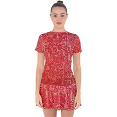 Chinese Hieroglyphs Patterns, Chinese Ornaments, Red Chinese Drop Hem Mini Chiffon Dress
