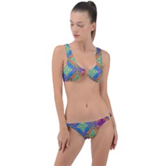 Colorful Floral Ornament, Floral Patterns Ring Detail Crop Bikini Set