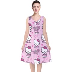 Cute Hello Kitty Collage, Cute Hello Kitty V-neck Midi Sleeveless Dress 