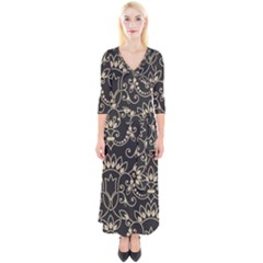 Decorative Ornament Texture, Retro Floral Texture, Vintage Texture, Gray Quarter Sleeve Wrap Maxi Dress