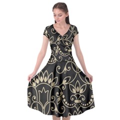 Decorative Ornament Texture, Retro Floral Texture, Vintage Texture, Gray Cap Sleeve Wrap Front Dress