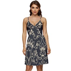 Decorative Ornament Texture, Retro Floral Texture, Vintage Texture, Gray V-neck Pocket Summer Dress 