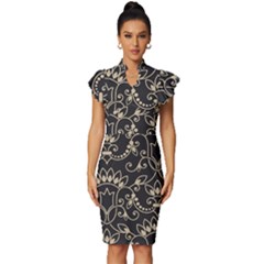Decorative Ornament Texture, Retro Floral Texture, Vintage Texture, Gray Vintage Frill Sleeve V-neck Bodycon Dress