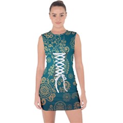 European Pattern, Blue, Desenho, Retro, Style Lace Up Front Bodycon Dress