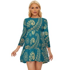 European Pattern, Blue, Desenho, Retro, Style Long Sleeve Babydoll Dress