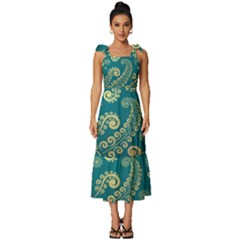 European Pattern, Blue, Desenho, Retro, Style Tie-strap Tiered Midi Chiffon Dress