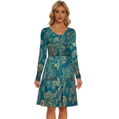 European Pattern, Blue, Desenho, Retro, Style Long Sleeve Dress With Pocket