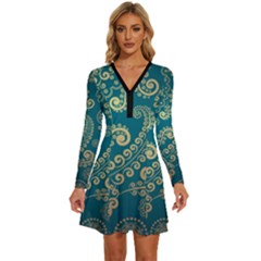 European Pattern, Blue, Desenho, Retro, Style Long Sleeve Deep V Mini Dress 