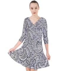 Gray Paisley Texture, Paisley Quarter Sleeve Front Wrap Dress